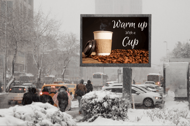 Programmatic DOOH coffee ad in snowy city