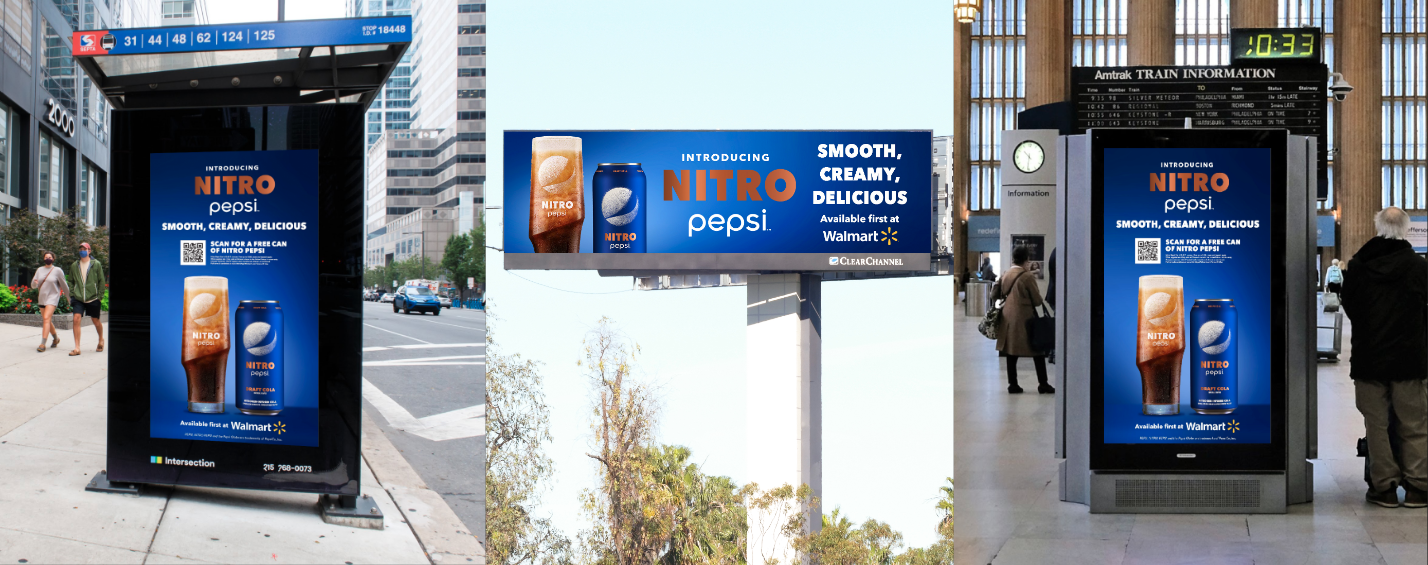 DOOH screens show ads for Nitro Pepsi