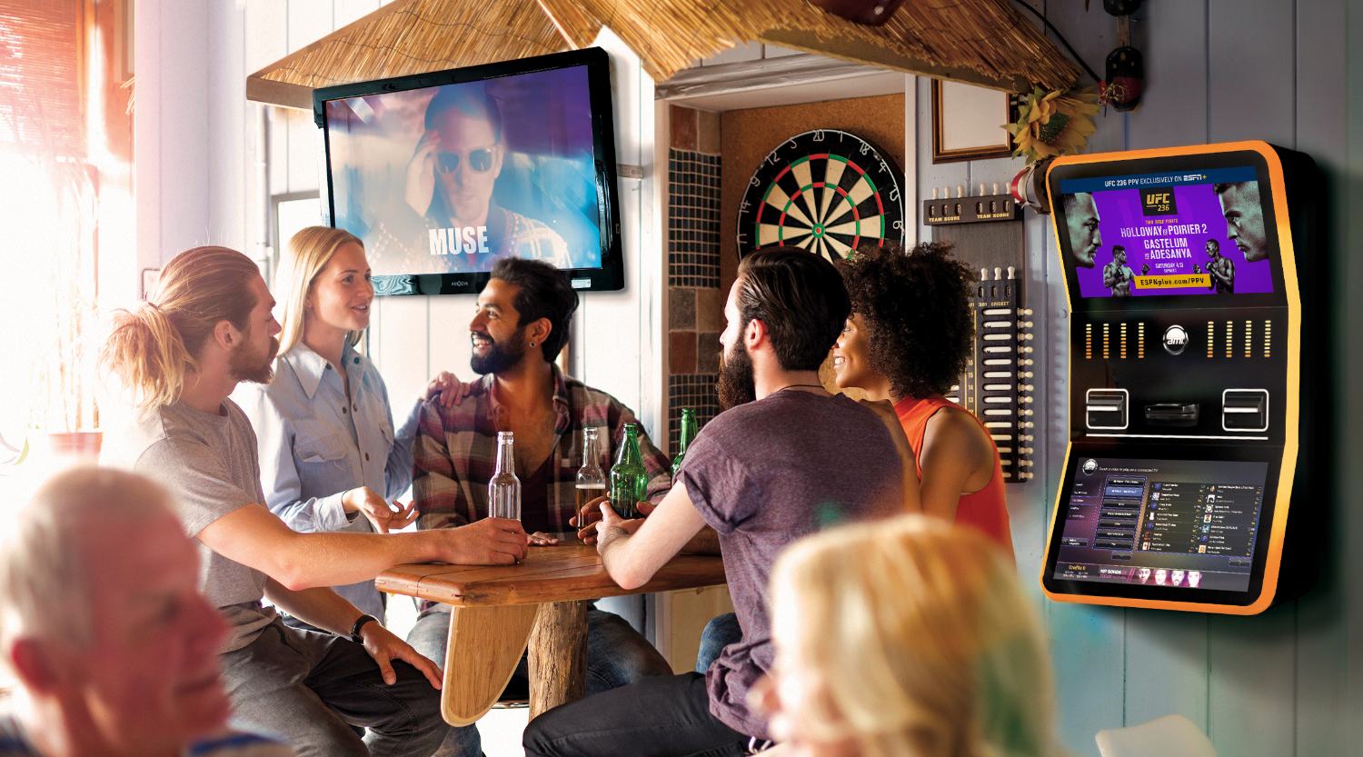 A DOOH bar screen shows a UFC ad